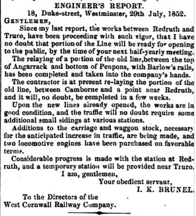 29 July 1852 Brunel ENGINEER’S REPORT West Cornwall Railway Company
